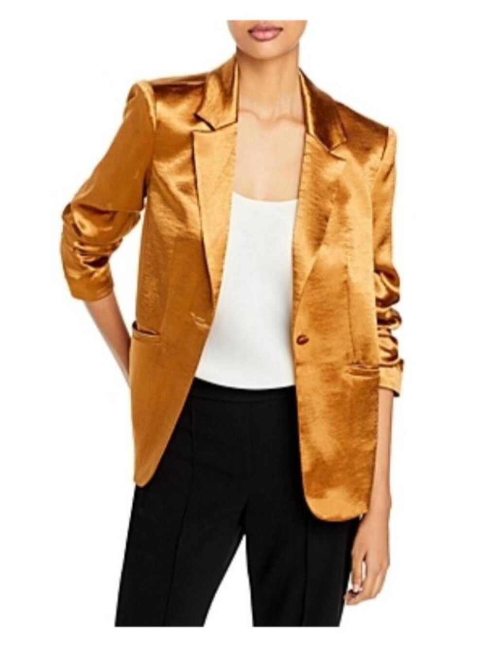 Cinq a Sept Kylie Cinnamon Satin Ruched Sleeves Blazer Jacket